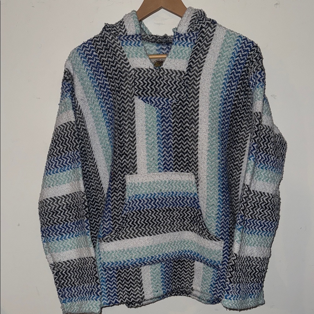 Unisex Striped Crewneck Baja Sweater - Blue, Black & White